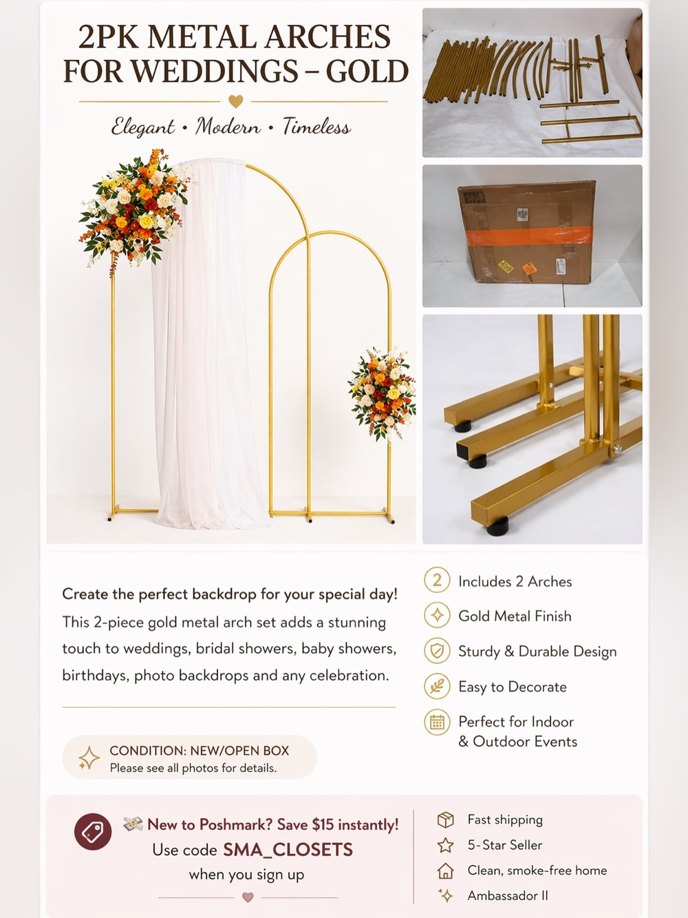Gold Metal Arch Set - 2pk Decorative Wedding Backdrop Arches